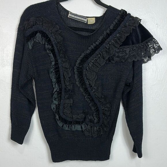 Le Bourget Vintage Elegant Black Sweater With Ruffle Lace Detail Size SP - Picture 1 of 6